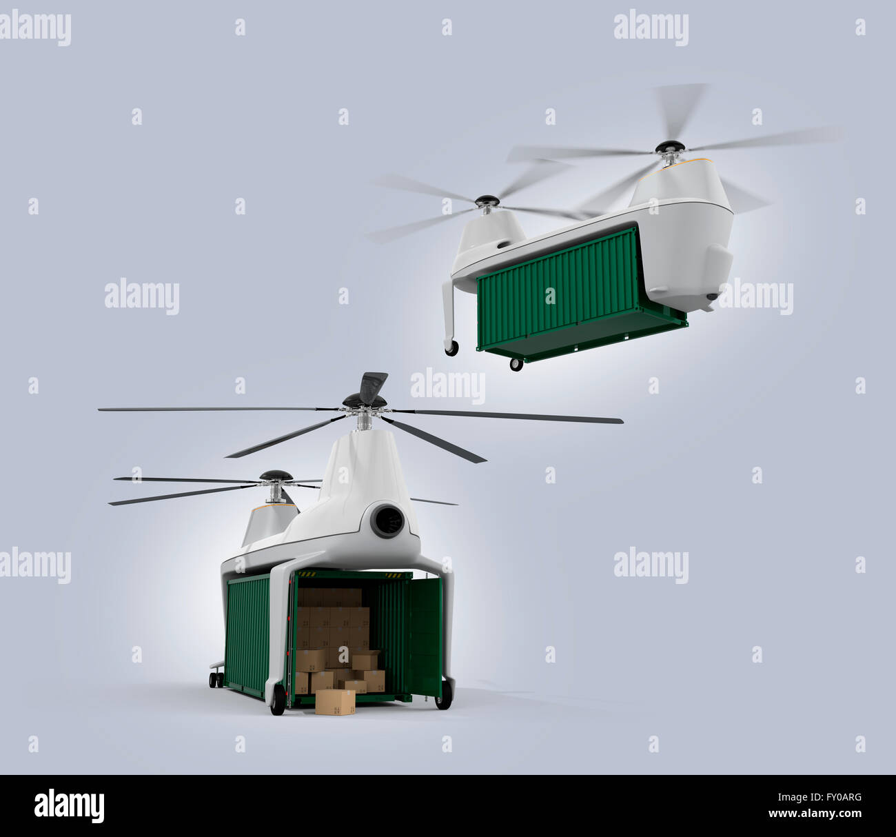 Drohnen Ladungsbehälter fliegen in den Himmel tragen. 3D-Rendering Bild Stockfoto