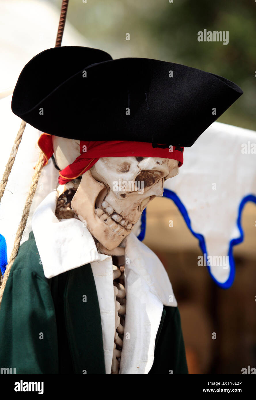 Die Schädel und Knochen eines "Toten Piraten" mit Periode Hut und Kleidung durch ein Seil hängen. Stockfoto