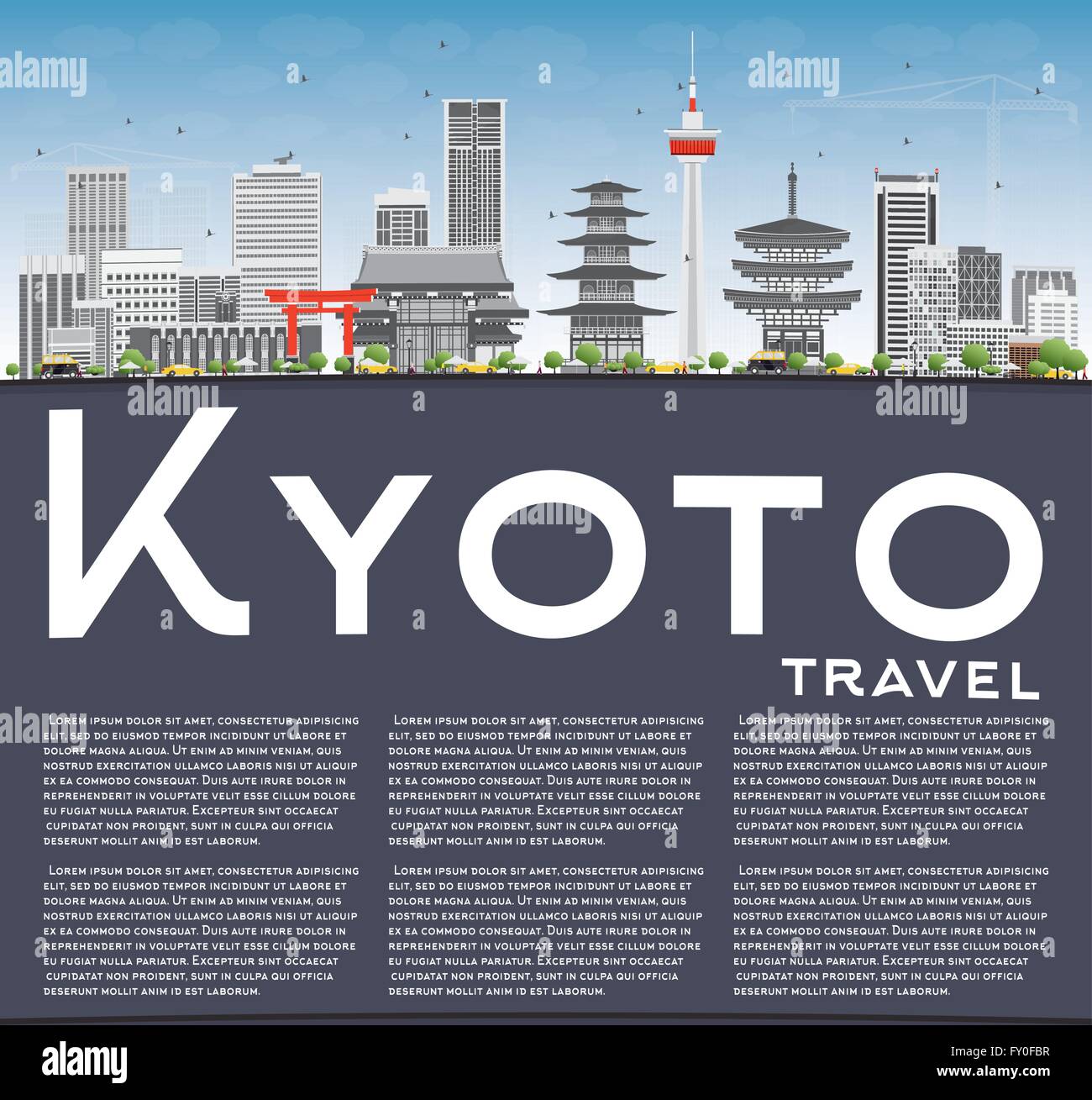 Kyoto Skyline mit grauen Wahrzeichen, blauer Himmel und Textfreiraum. Vektor-Illustration. Geschäftsreisen oder Tourismus-Konzept mit modernen Stock Vektor