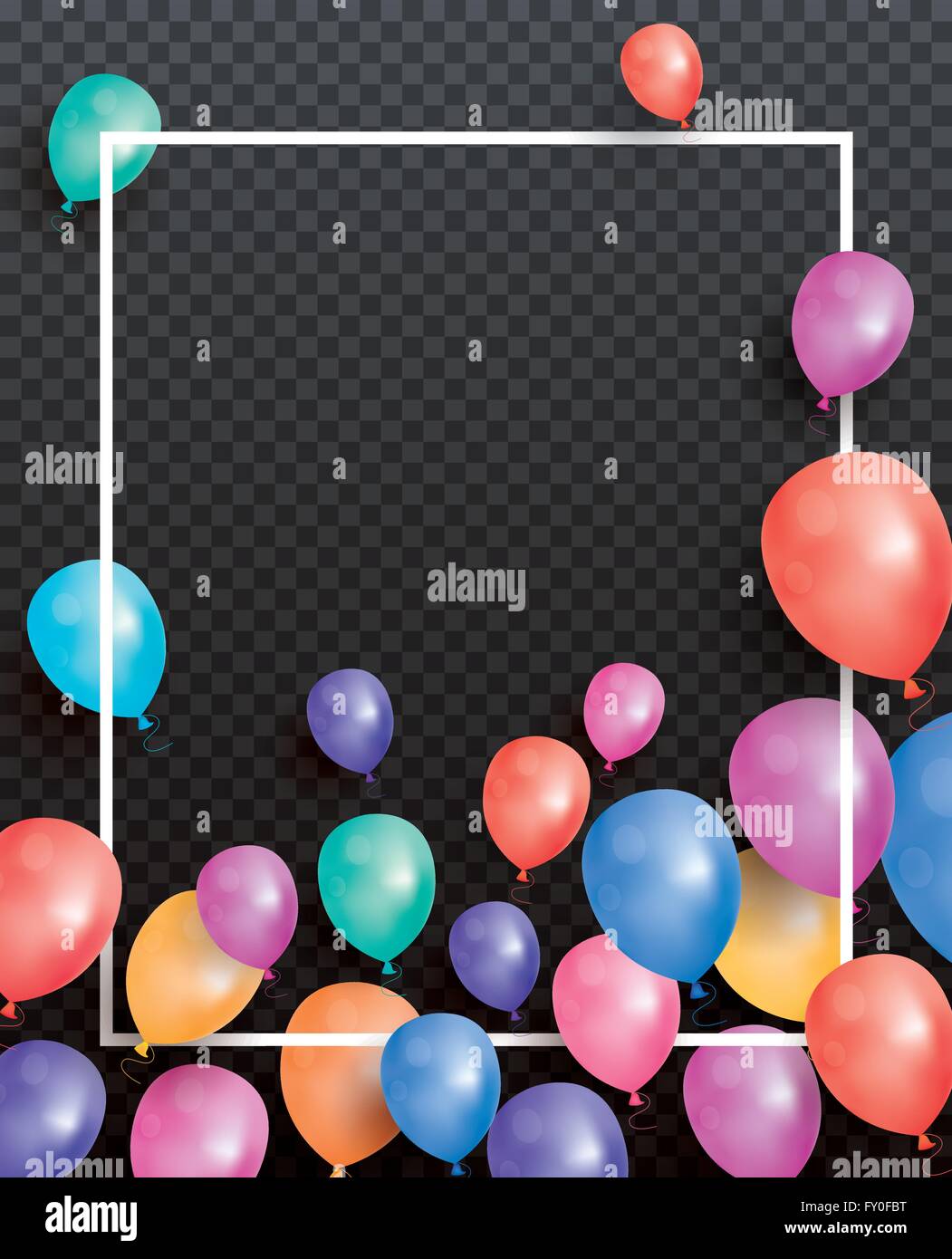 Weihnachtskarte mit fliegenden Ballons und weißen Rahmen auf transparenten Hintergrund. Vektor-Illustration. Stock Vektor