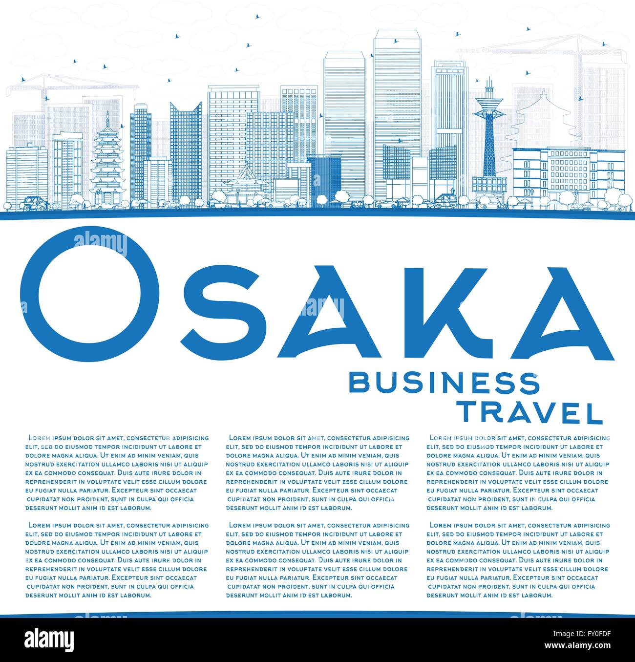 Umriss Osaka Skyline mit blauen Gebäuden und Textfreiraum. Vektor-Illustration. Wirtschaft und Tourismus-Konzept Stock Vektor