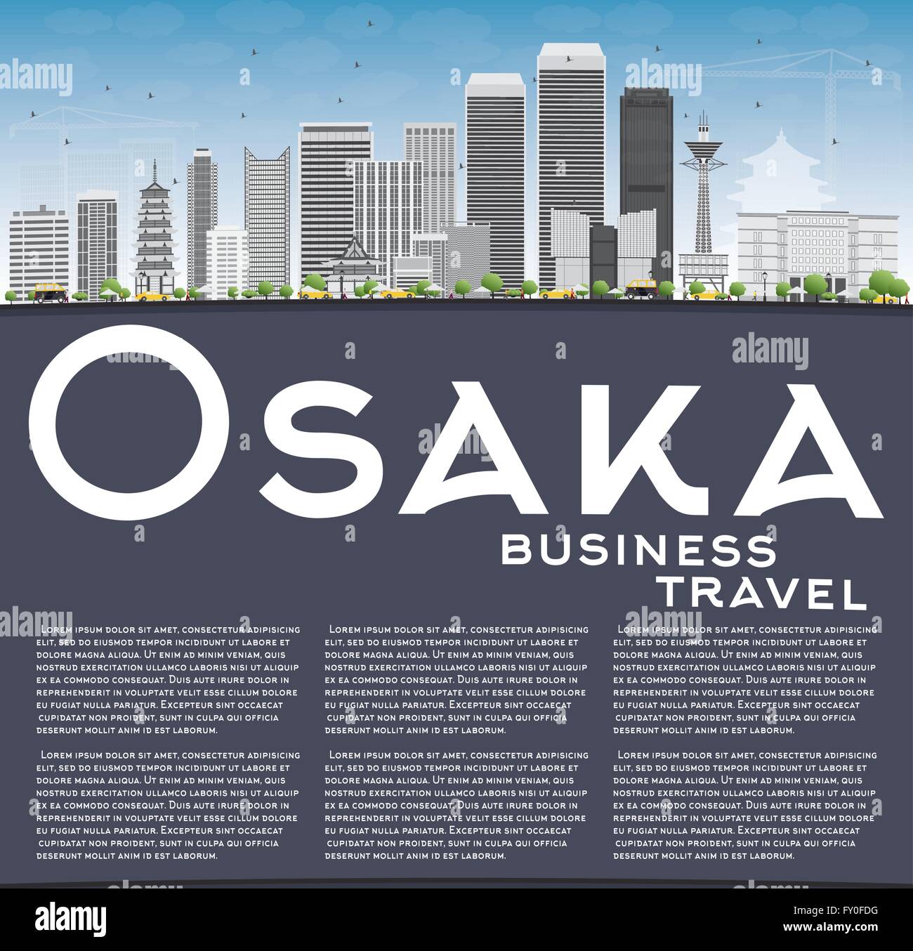 Osaka Skyline mit grauen Gebäuden, blauer Himmel und Textfreiraum. Vektor-Illustration. Wirtschaft und Tourismus-Konzept Stock Vektor