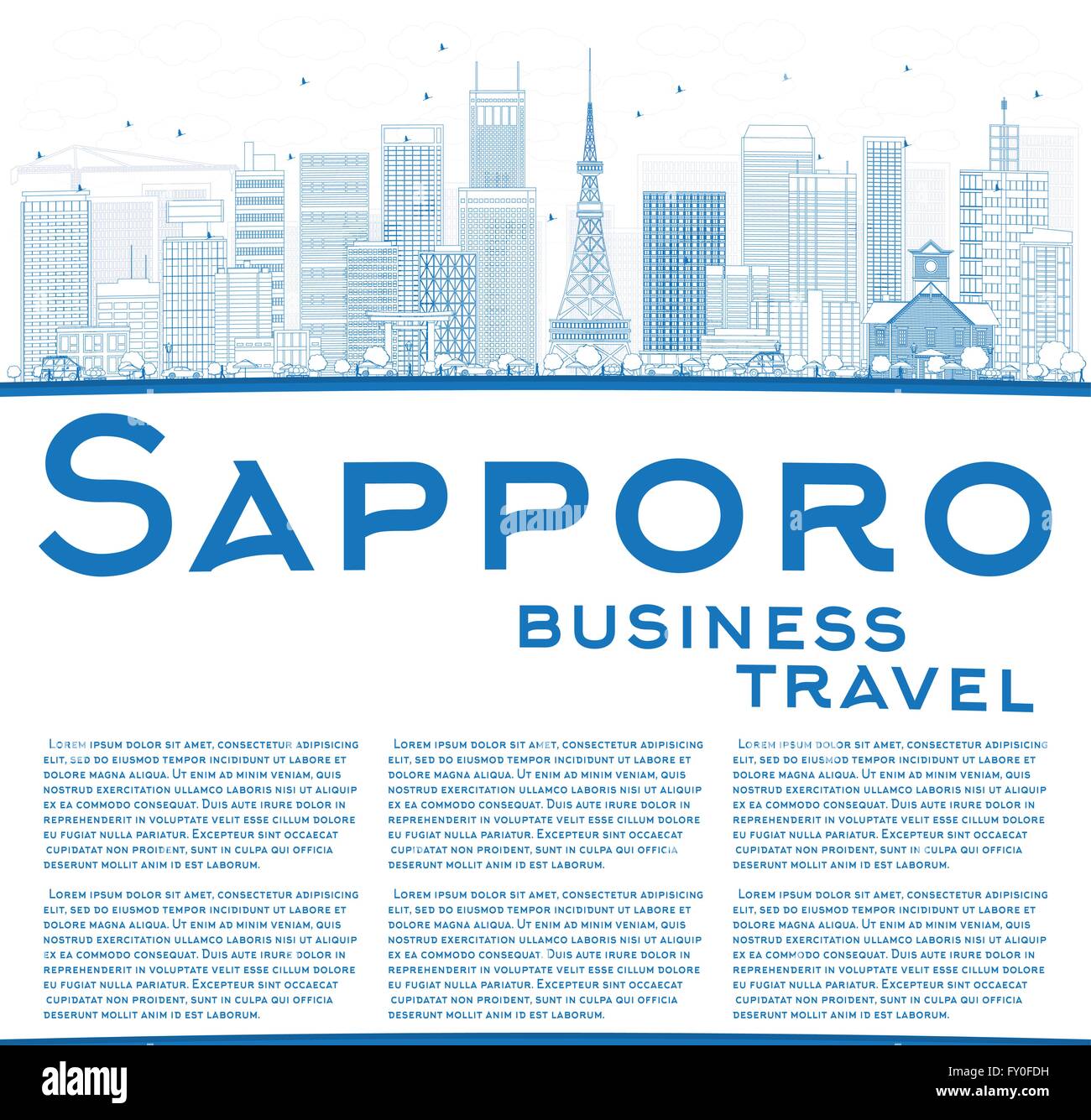 Umriss Sapporo mit blauen Gebäuden und textfreiraum Skyline. Vektor-Illustration. Wirtschaft und Tourismus-Konzept Stock Vektor