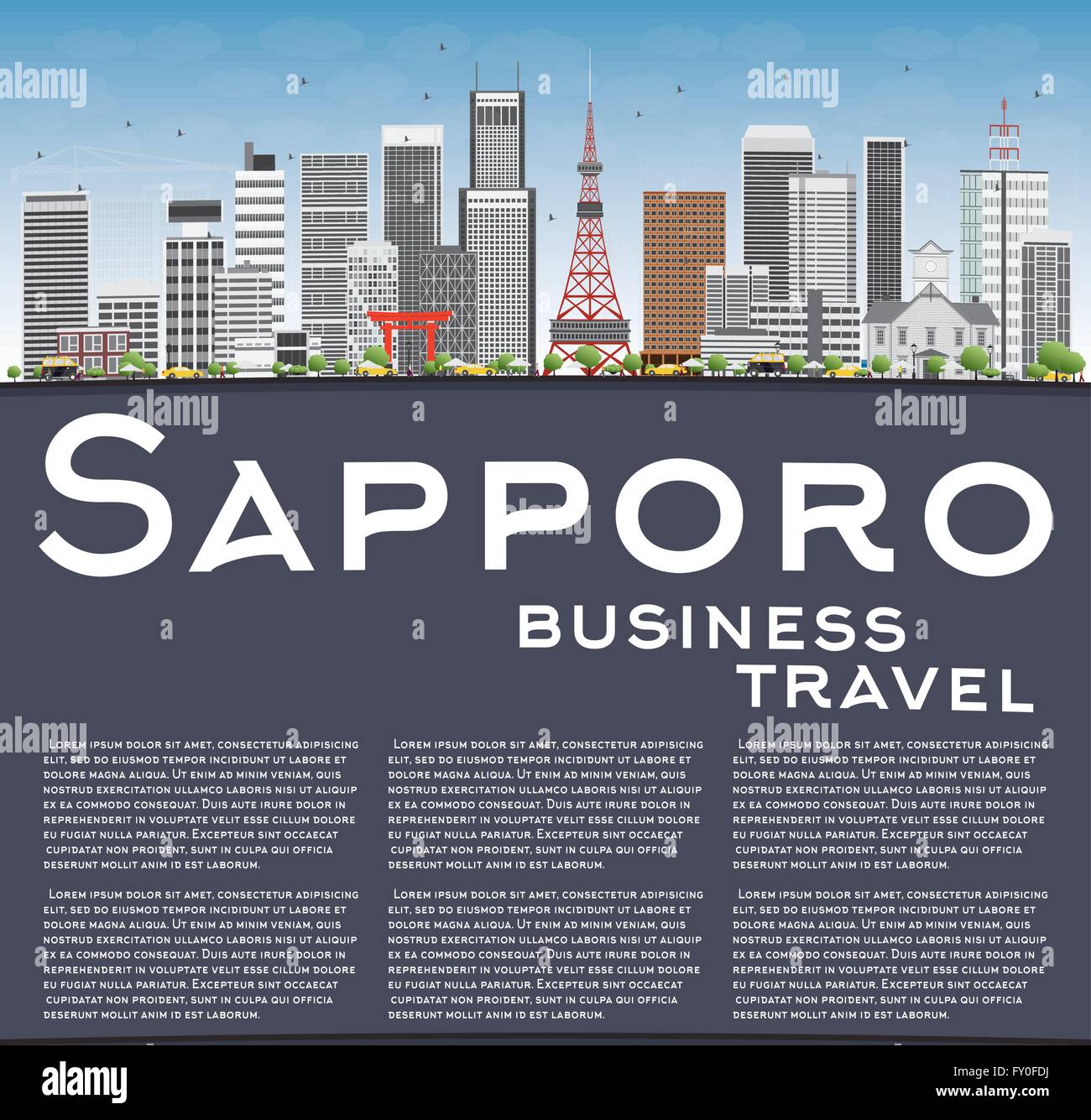 Sapporo Skyline mit grauen Gebäuden, blauer Himmel und Textfreiraum. Vektor-Illustration. Wirtschaft und Tourismus-Konzept Stock Vektor