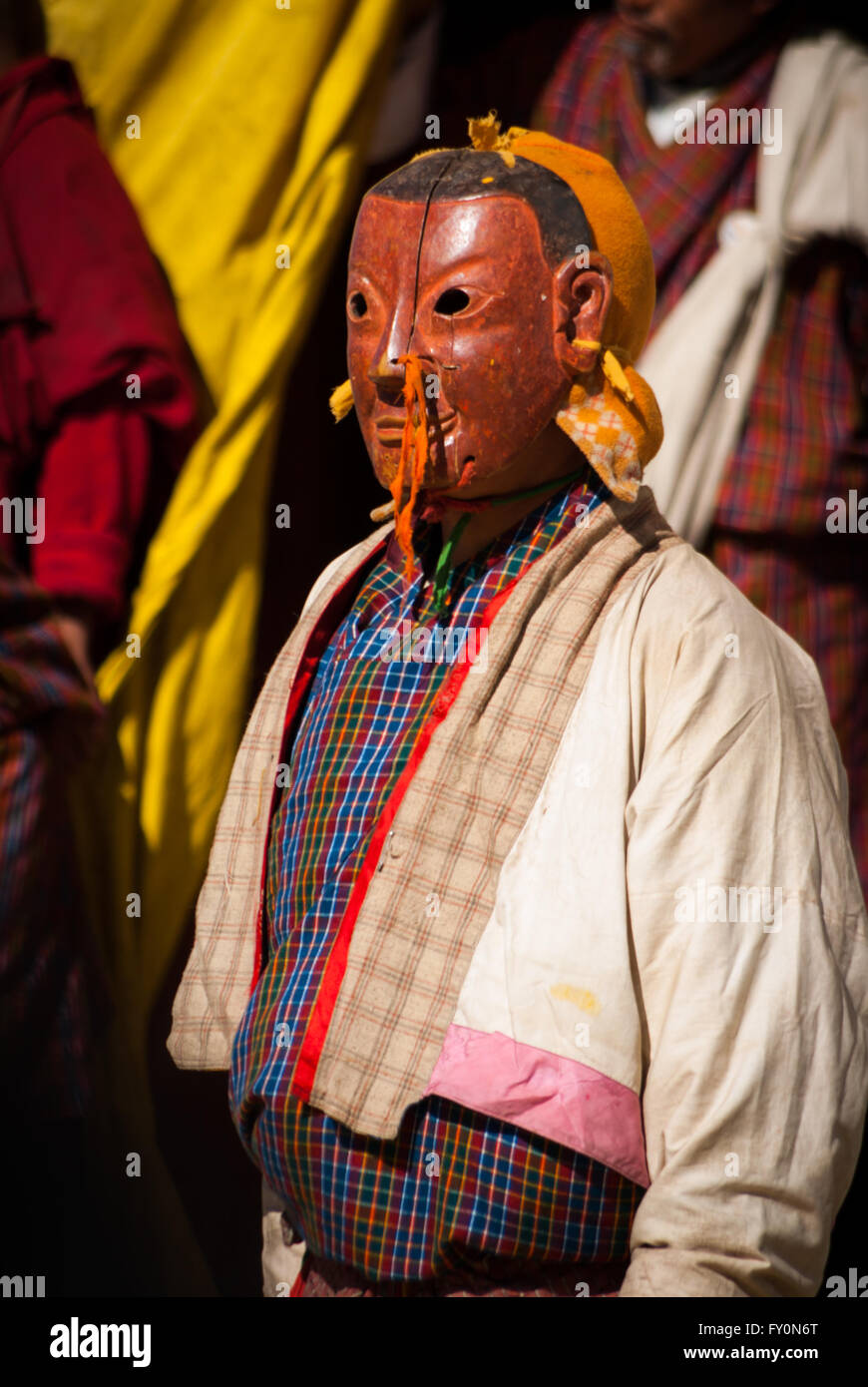 Maskierter Clown Schwarzhals-Kranich Festival statt in Gangte Kloster in das Phobjikha Tal von Bhutan Stockfoto
