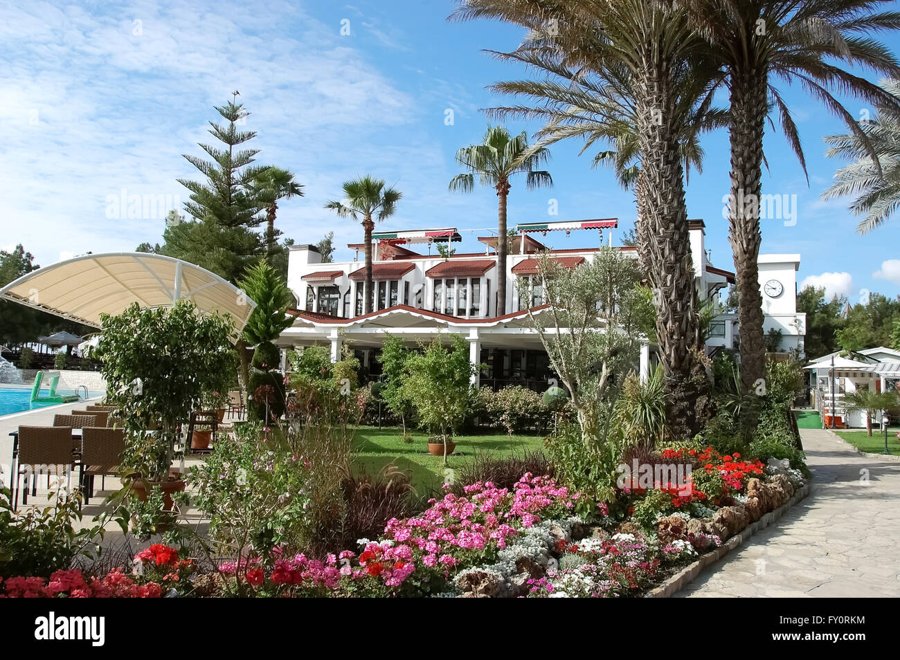 Kemer, ANTALYA, Türkei – 31. Mai 2015: Palmen und Blumen in der Nähe von Pool im Hotel Pirate Beach Club, Türkei. Stockfoto