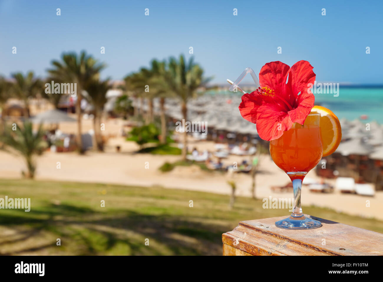 Hibiskus und Cocktail gegen tropischen Sea Beach resort Stockfoto
