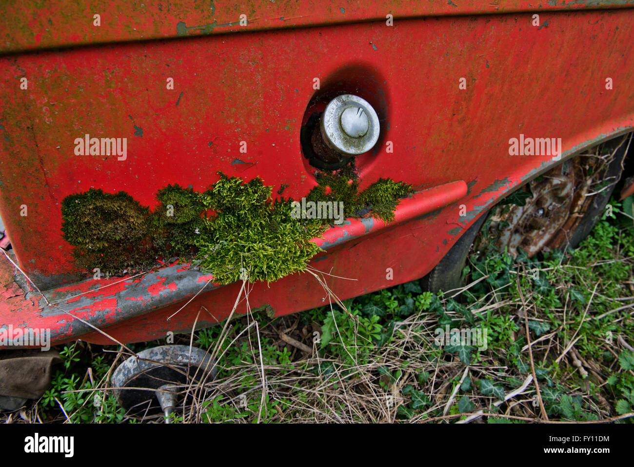 Die Überreste eines Robin Reliant Vintage van langsam verrottet in einem kleinen Bauernhof, der seit 30 Jahren unberührt. Stockfoto