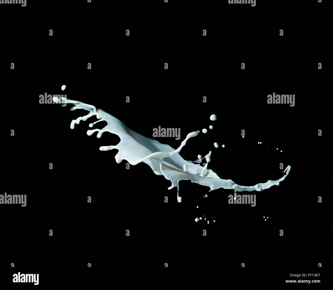 Nahaufnahme von Milch spritzt auf schwarzem Hintergrund Stockfoto