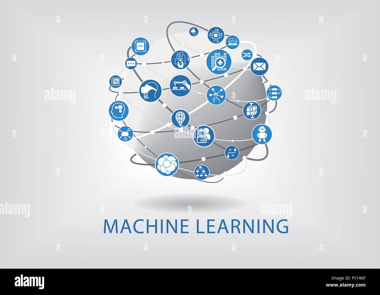 Machine Learning Infografik. Vernetzte Intelligenz Geräte mit Globus. Stock Vektor