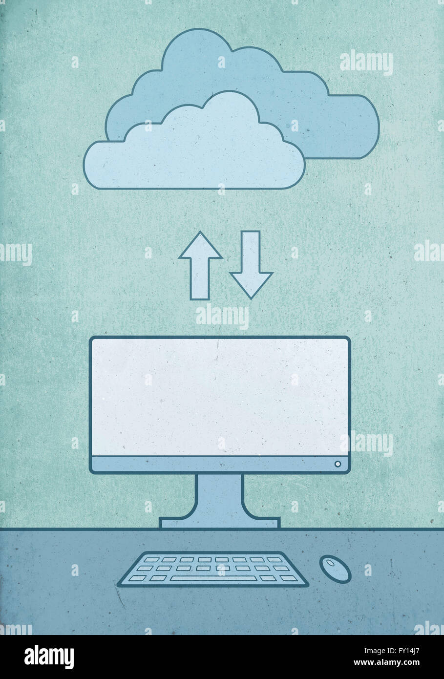 Cloud computing mit Desktop-PC vor blauem Hintergrund Stockfoto