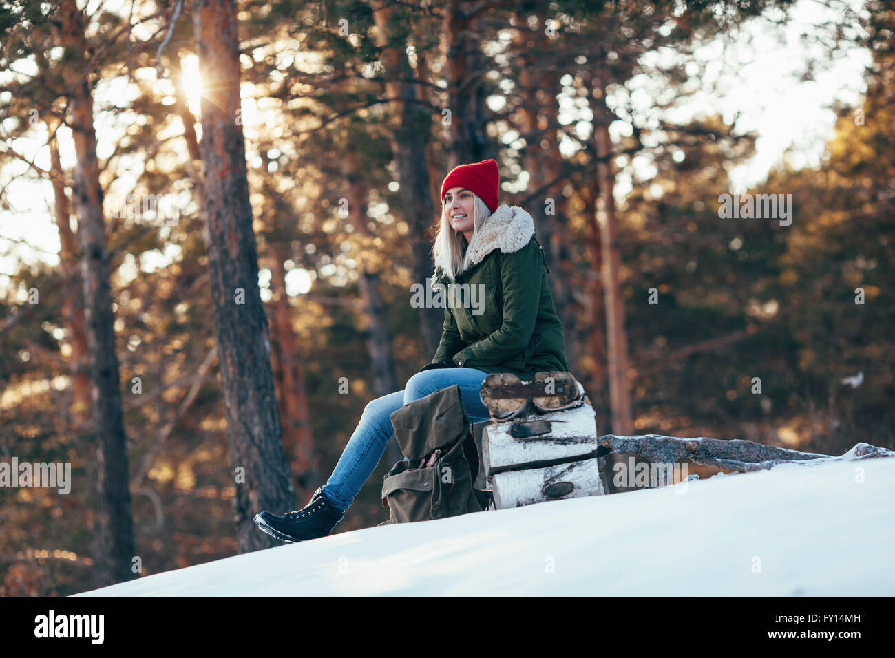 Frau sitzend auf Baumstamm im Winter wegschauen Stockfoto Frau sitzend auf Baumstamm im Winter wegschauen Stockfoto