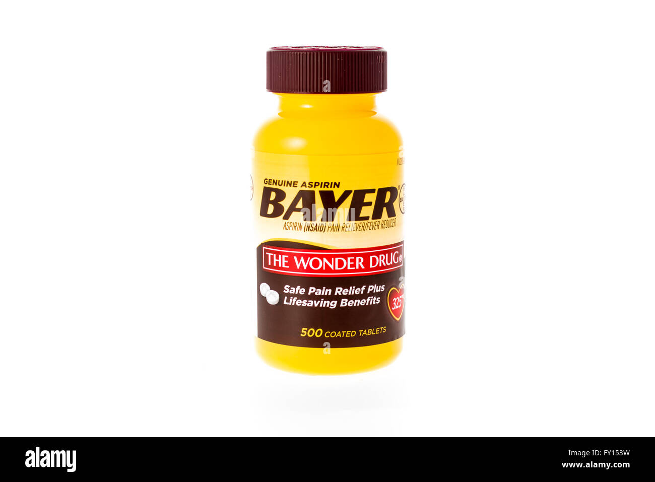 Winneconne, Wisconsin - 9. Februar 2015: Flasche von Bayer Aspirin "die Wunderdroge".  Asperin hilft bei der Linderung von Schmerzen. Stockfoto