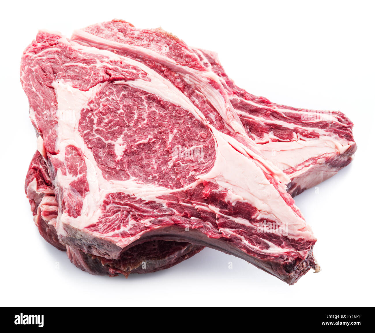 Rib-Eye-Steaks auf dem weißen Hintergrund. Stockfoto