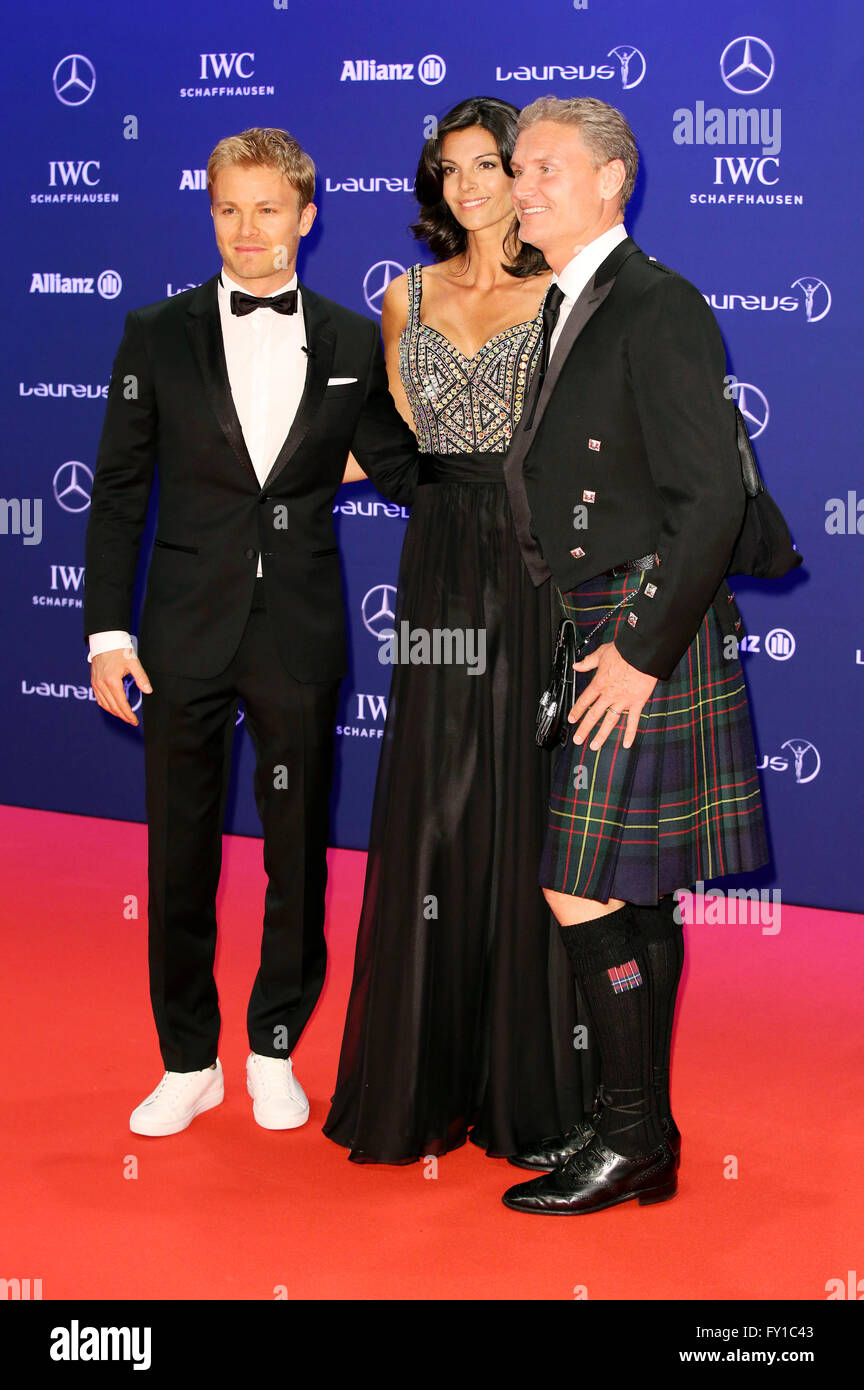 Berlin, Deutschland. 18. April 2016. Nico Rosberg, David Coulthard und Frau Karen Minier Teilnahme an der 17. Laureus World Sports Awards 2016 bei der Messe Berlin am 18. April 2016 in Berlin, Deutschland. © Dpa/Alamy Live-Nachrichten Stockfoto