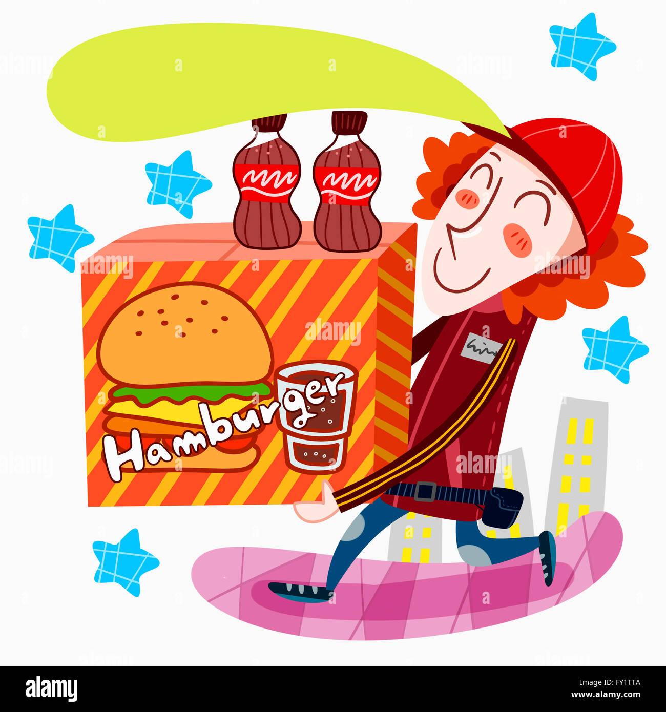 Burger Lieferung Mann Charakter in Abbildung Stockfoto