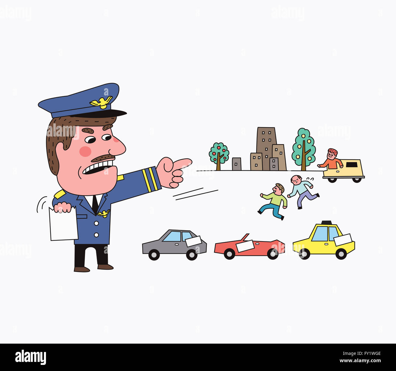 Polizist wird aufgeregt bei Menschen, die Parkplatz-Verordnung in Abbildung verletzen Stockfoto