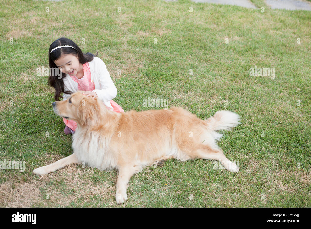 Mädchen spielen mit ihrem Hund auf dem Rasen auf der Werft in Jeju Stockfoto