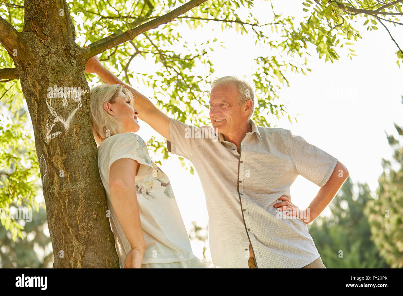 Älteres Paar in der Liebe glücklich steht unter einem Baum Stockfoto