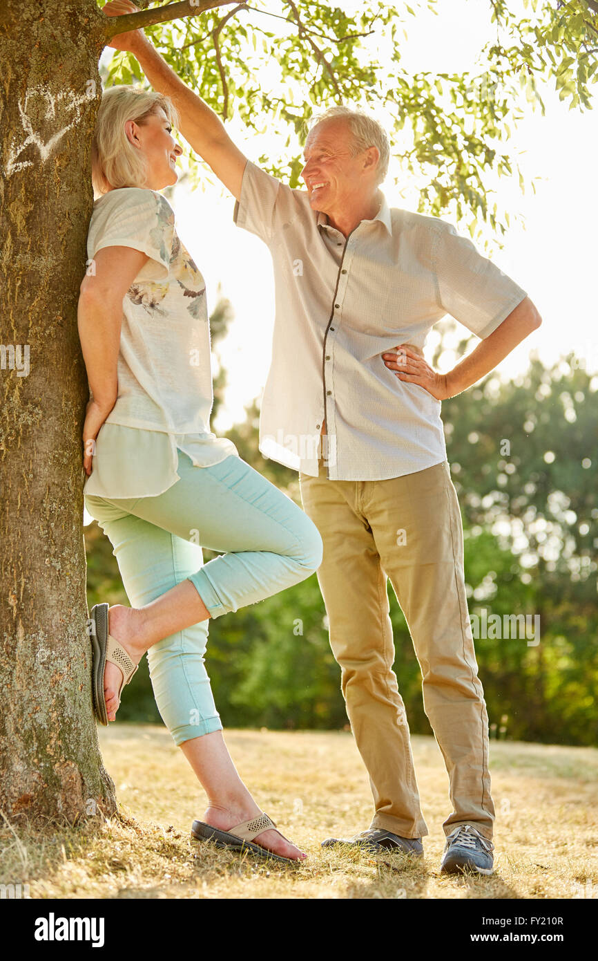 Älteres Paar in Liebe flirten unter einem Baum im Park im Sommer Stockfoto