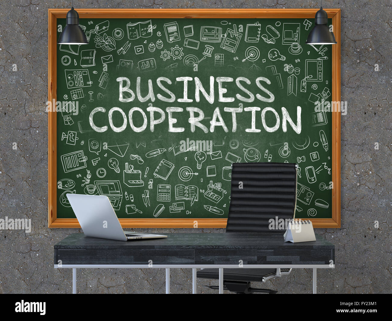 Zusammenarbeit Geschäftskonzept. Doodle-Symbole auf der Tafel. Stockfoto