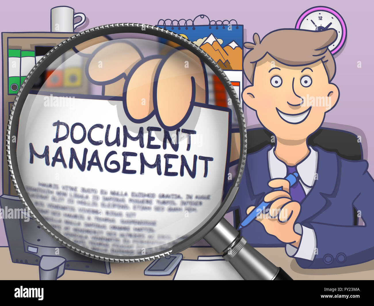 Dokumenten-Management durch Lupe. Doodle-Konzept. Stockfoto