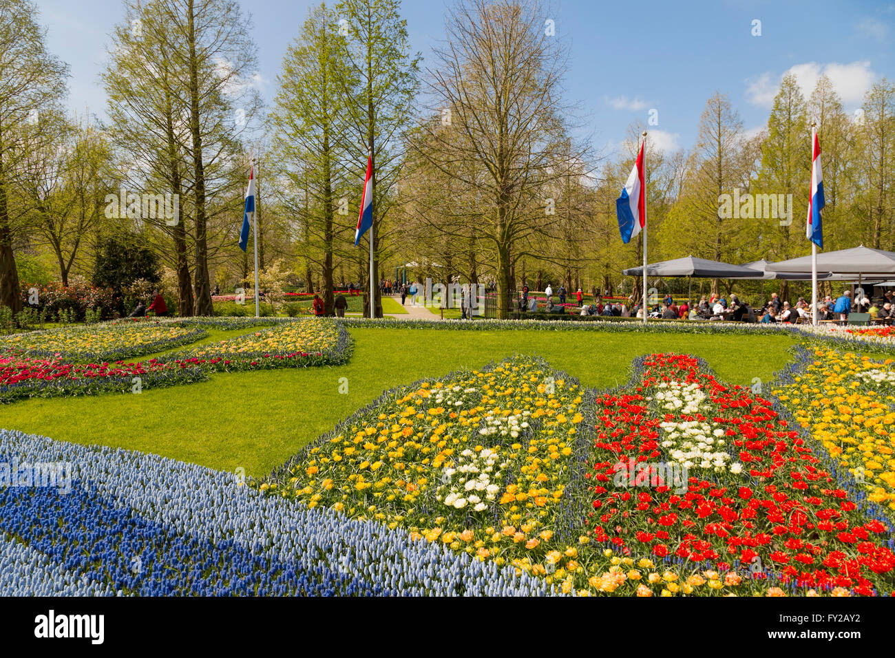 Blume-Mosaik '' The Golden Age'' im Keukenhof, eines der weltweit größten Blumengärten, Lisse, Südholland, Niederlande. Stockfoto