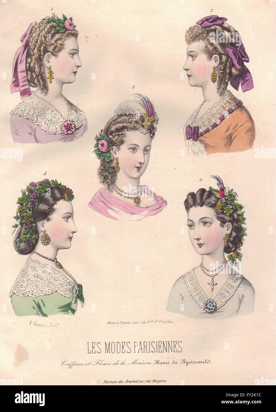 Mode: Paris Damen Haare Arrangements, antiken Drucken 1869 Stockfoto