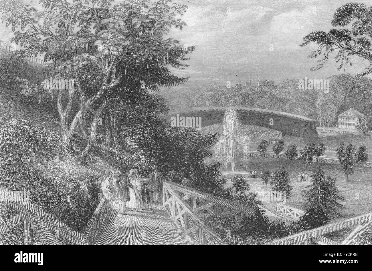Fairmount Gardens, Schuykill Brücke, Philadelphia, Pennsylvania. BARTLETT, 1840 Stockfoto