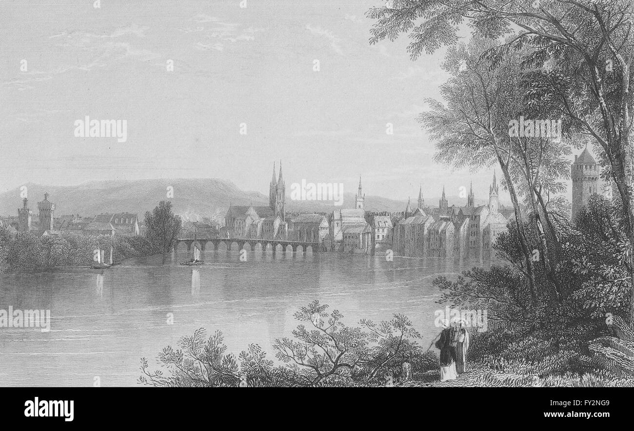 Schweiz: Blick auf Basel / Basel am Rhein. BARTLETT, antique print 1836 Stockfoto