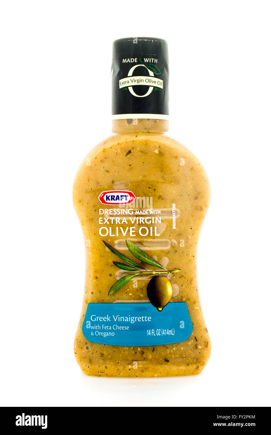 Winneconne, Wisconsin - 4. Februar 2015: Flasche Kraft Extra Virgin Olive Oil-Salat-Dressing. Kraft wurde 1903 gegründet und ist zu finden Stockfoto
