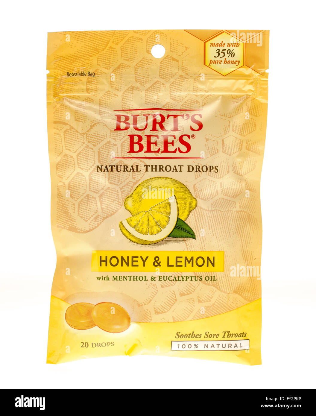 Winneconne, Wisconsin - 25. November 2015: Tasche von Burts Bees Kehle Tropfen Honig & Zitrone Geschmack. Stockfoto