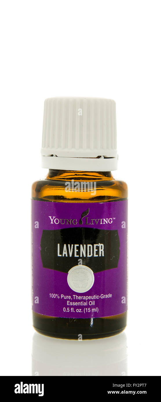 Winneconne, Wisconsin - 10. Februar 2016: Flasche von Young Living Lavendel ätherisches Öl. Stockfoto