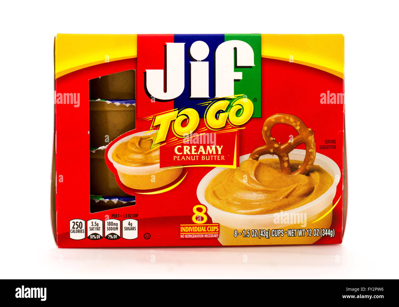 Winneconne, Wisconsin - 3. Mai 2015: Box Jif, cremige Erdnussbutter Tassen zu gehen. Stockfoto