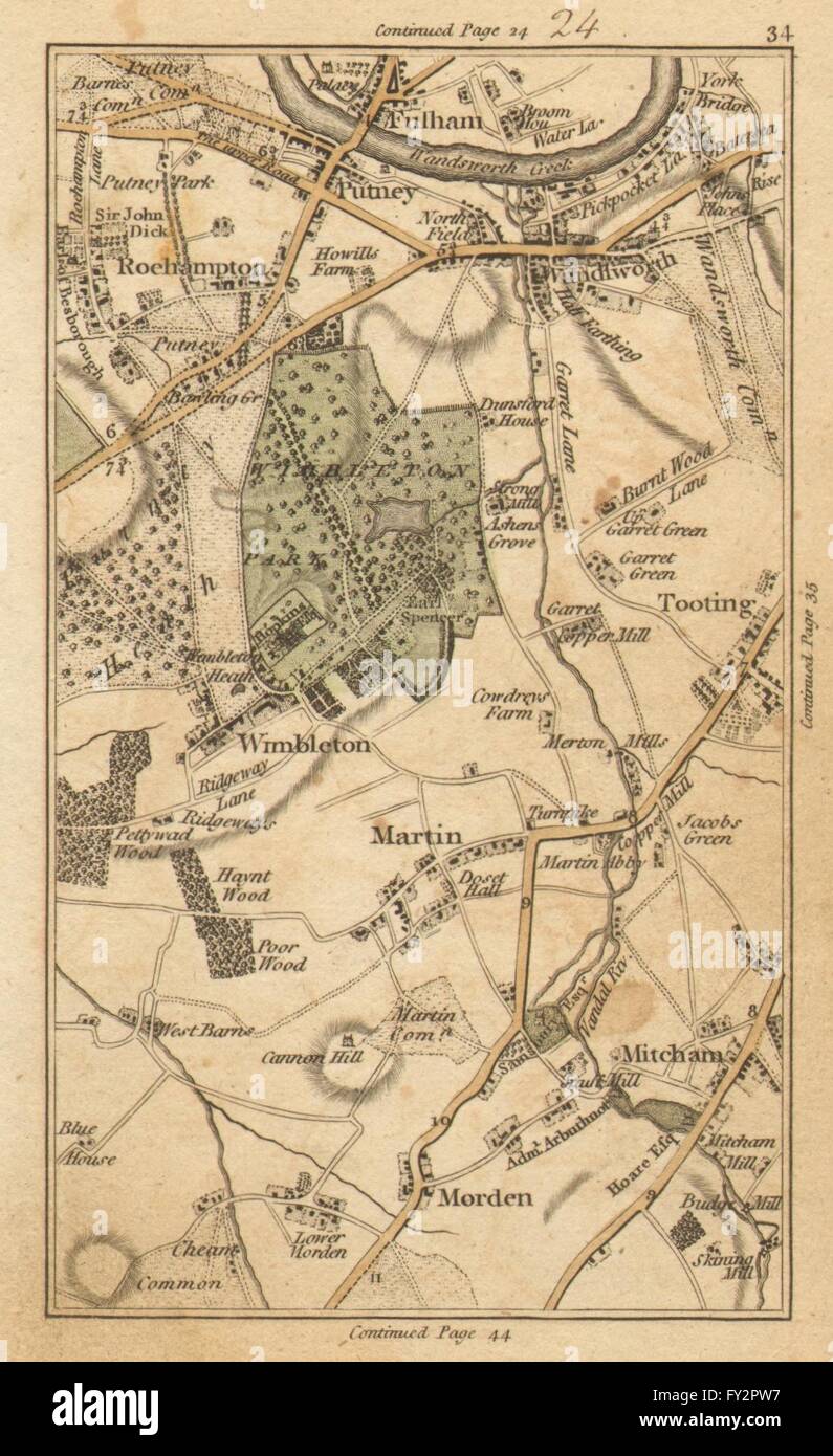 WANDSWORTH: Putney, Roehampton, Fulham, Tooting, Wimbledon, Morden, Merton, 1786 Karte Stockfoto