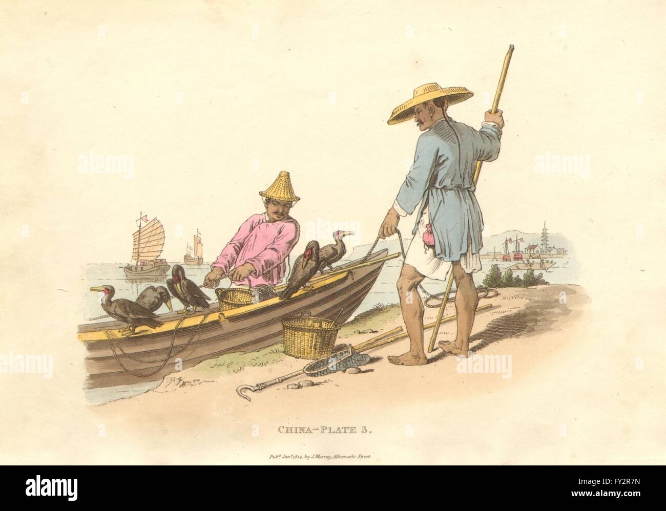 CHINA. Kormorane Fischen. Leu Tze. Fischer. Dschunken. Drucken Sie ALEXANDER, 1814 Stockfoto