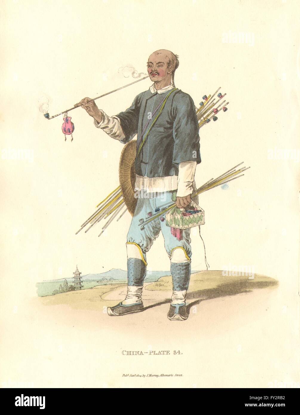 CHINA. Ein Rohr-Verkäufer. Bambus-Rohr; Porzellanschüssel. ALEXANDER, alten Drucken 1814 Stockfoto