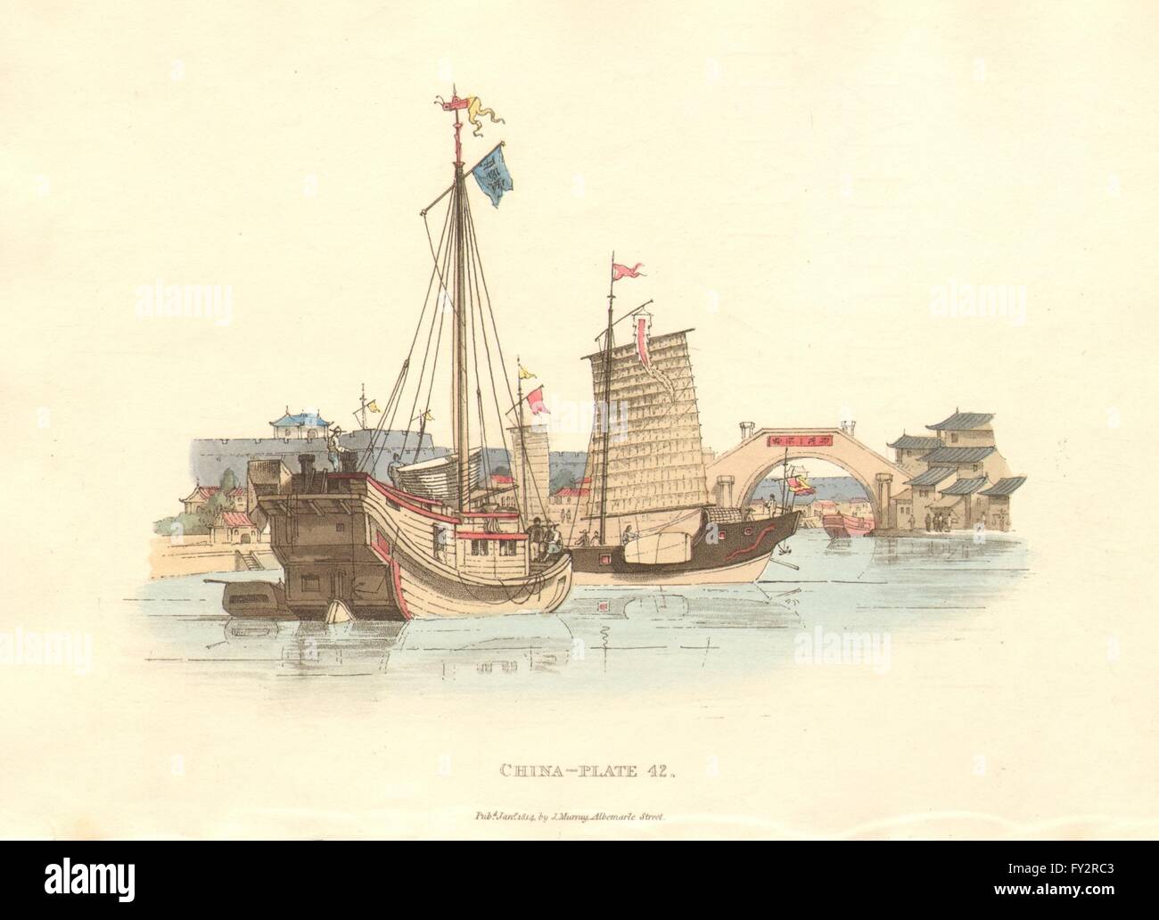 CHINA. Gt-Kanal. Schiffe in der Nähe der Stadt. Dschunken Schiff. ALEXANDER, antique print 1814 Stockfoto