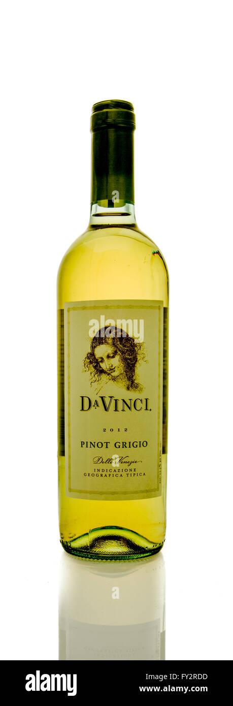 Winneconne, Wisconsin - 16. März 2016: eine Flasche Wein DaVinci in Pinot Grigio Geschmack auf einem weißen Hintergrund. Stockfoto