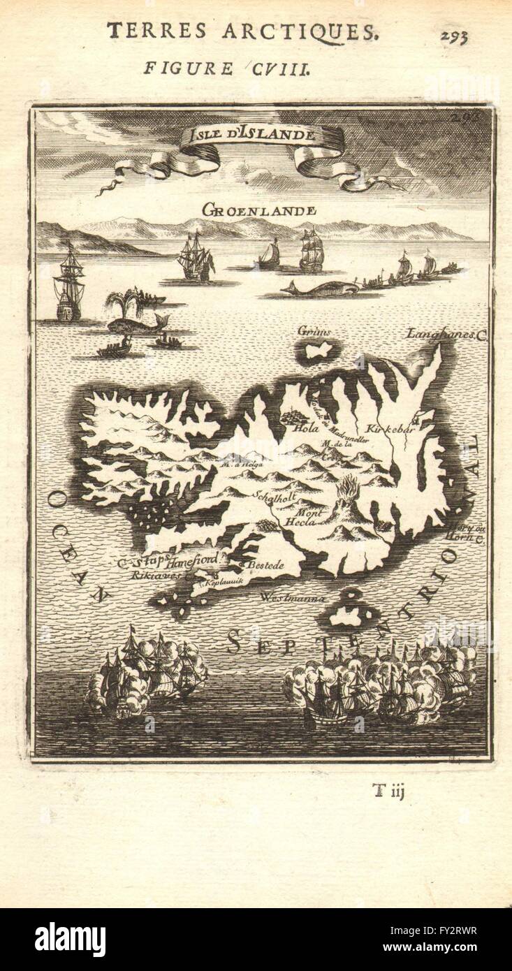Island: "Insel-d'Islande". Walfang Schiffe Vignetten. Vulkan Hekla. MALLET, 1683 Karte Stockfoto