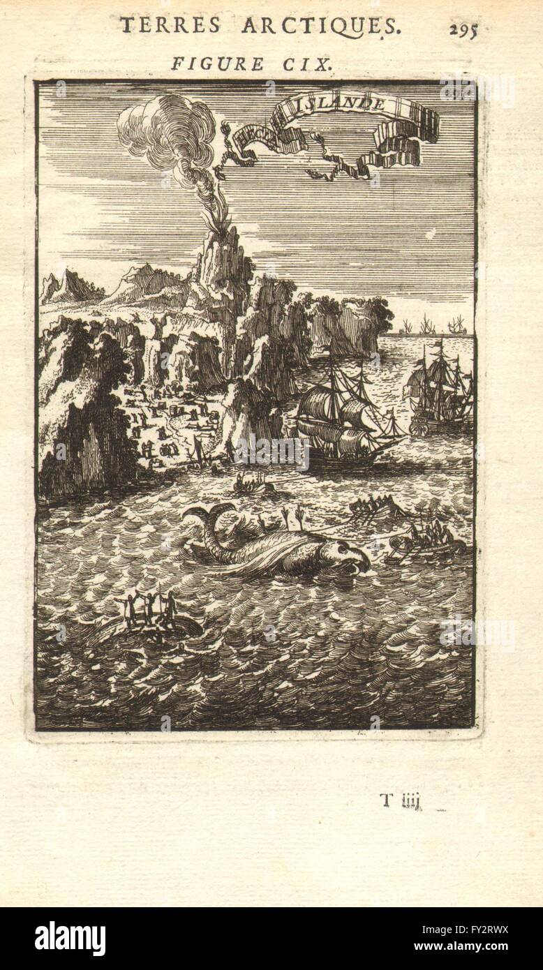 Island: "Hecla En Islande". Hekla Vulkan ausbricht. Walfang. MALLET, 1683 Stockfoto