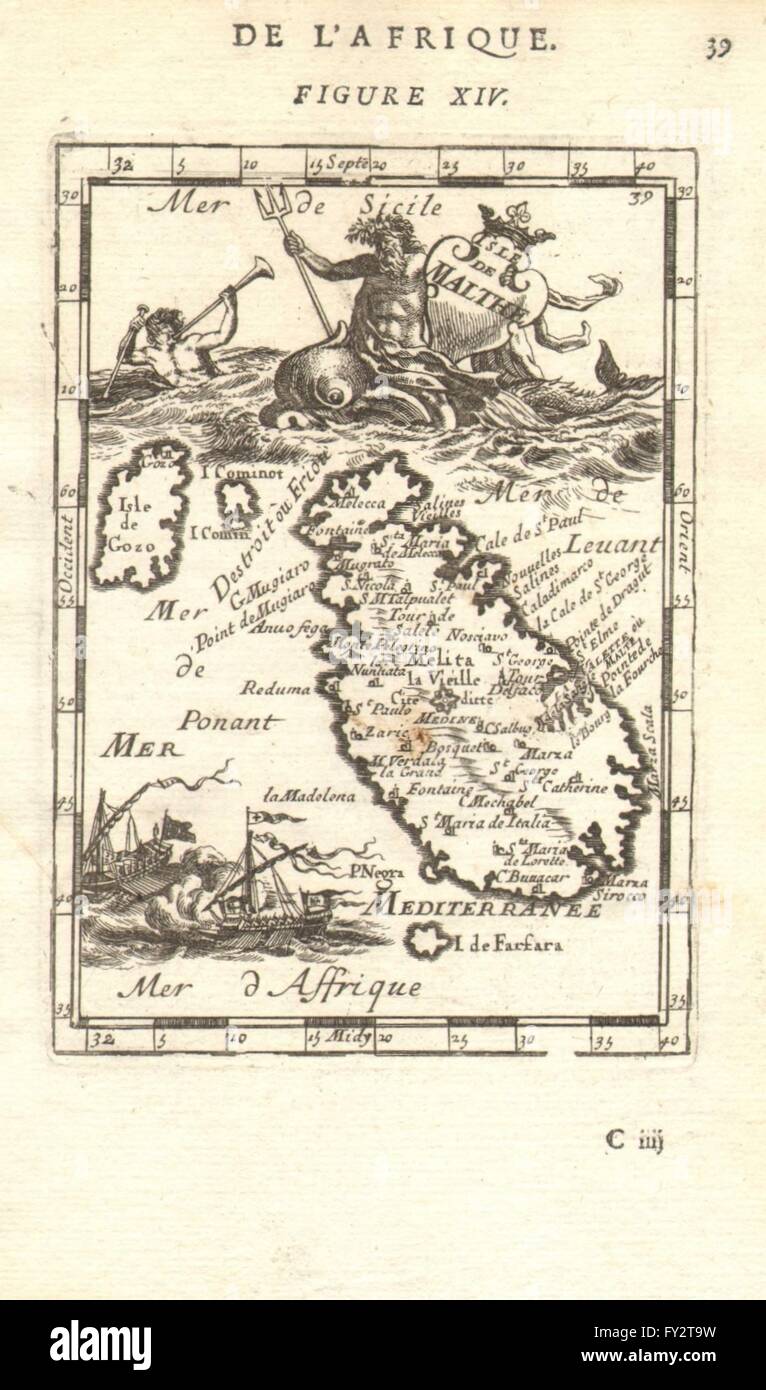 MALTA GOZO COMINO: "Isle de Malthe". Dekorative Neptun Vignette. MALLET, 1683 Karte Stockfoto