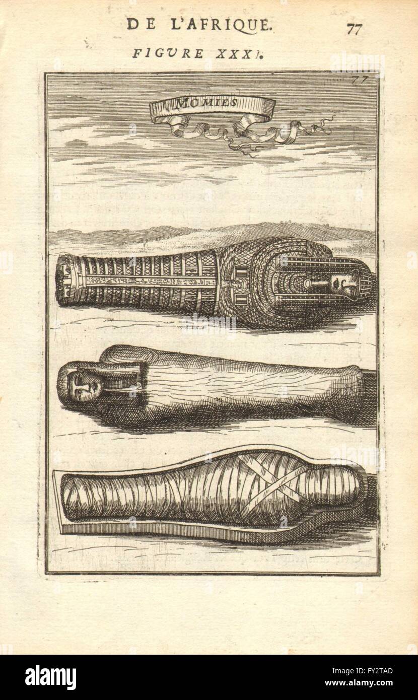 Das alte Ägypten: Mumien in Sarkophagen. "Momies". Mumie Sarkophag. MALLET, 1683 Stockfoto