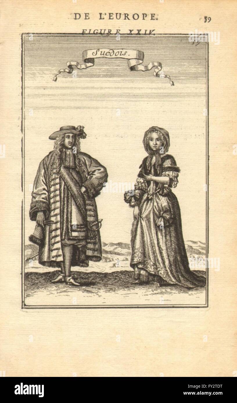 Schweden-Kostüm: Schwedischer Mann & Trägerin 17C Kleid. "Suedois". MALLET, 1683 Stockfoto