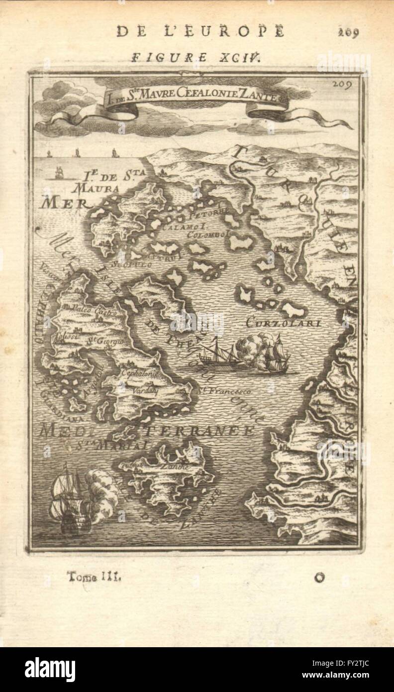 Ionische Inseln: Ithaca Lefkada Zakynthos Kefalonia. Griechenland. MALLET, 1683 Karte Stockfoto