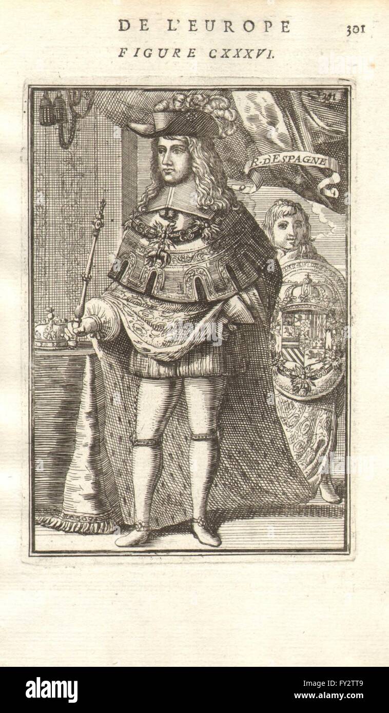 König CARLOS II Spanien: In voller Montur mit Zepter & Wappen. MALLET, 1683 Stockfoto