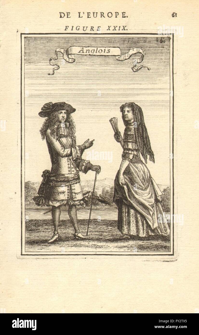 ENGLISCHE Kostüm: Kleid Mann & Frau im 17. Jahrhundert. "Anglois. MALLET, 1683 Stockfoto