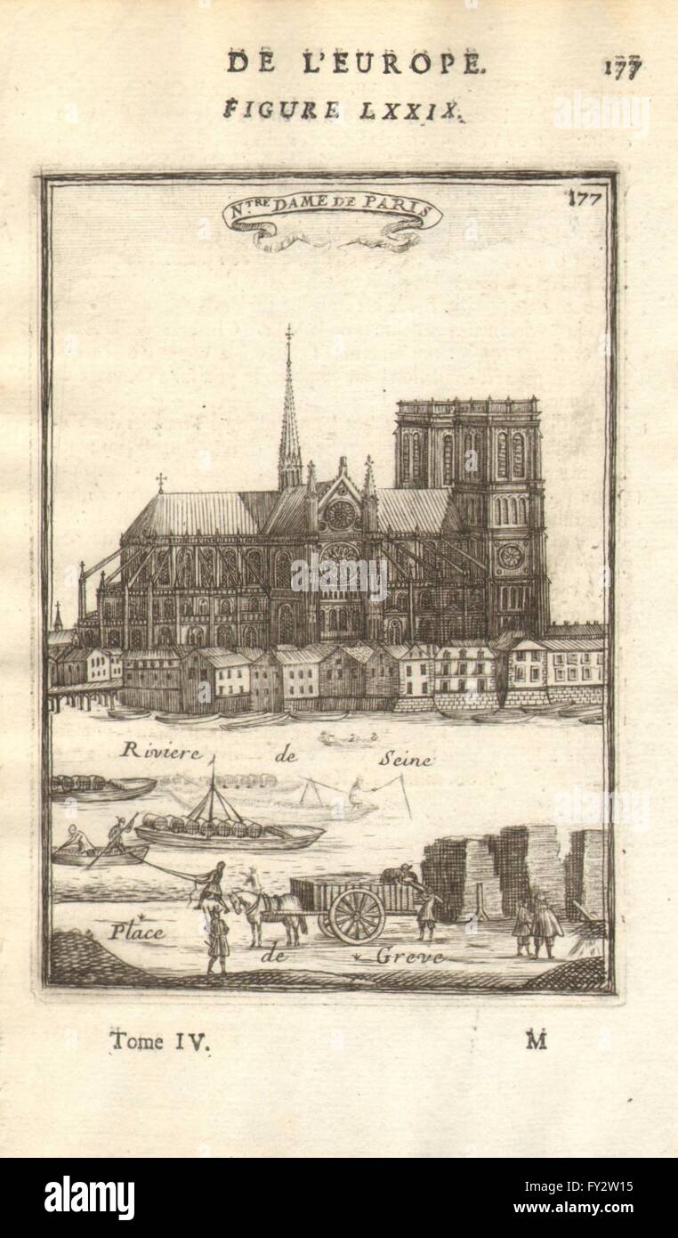 NOTRE DAME DE PARIS: Schöne Aussicht auf die Kathedrale mit vielen Figuren. MALLET, 1683 Stockfoto