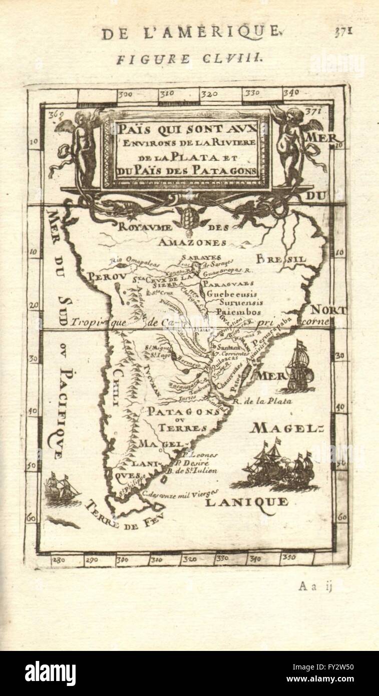 Südamerika: La Plata. Brasilien-Peru-Chile-Patagonien-Stämme. MALLET, 1683 Karte Stockfoto