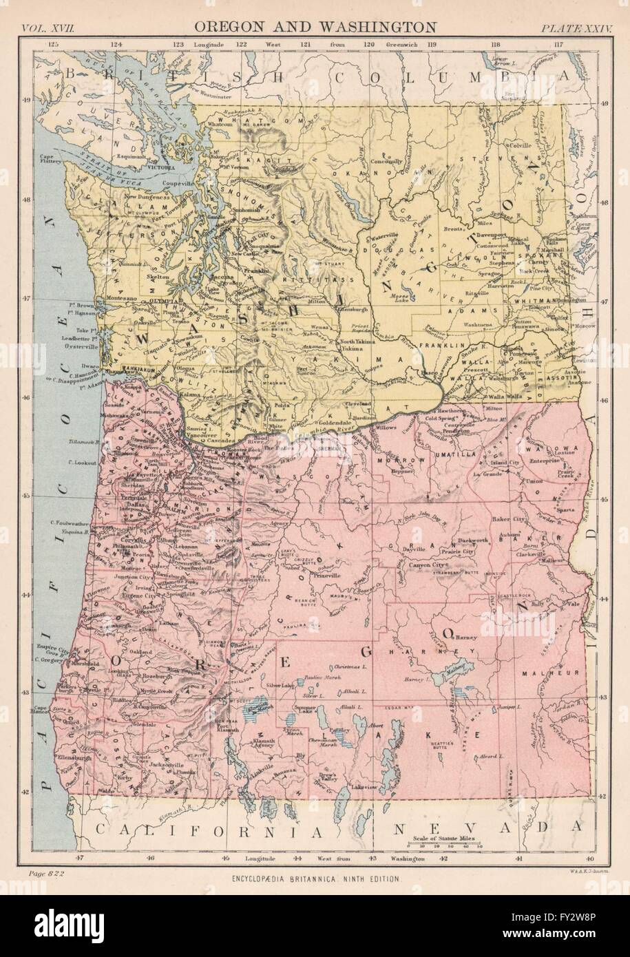 & WASHINGTON, OREGON: State Karte zeigt Grafschaften. Seattle-Tacoma, 1898 Stockfoto